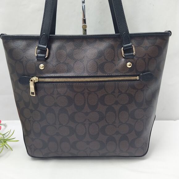 Coach Signature Brown Leather Double Handle Zipper Closure Tote Shoulder Bag - Picture 3 of 16